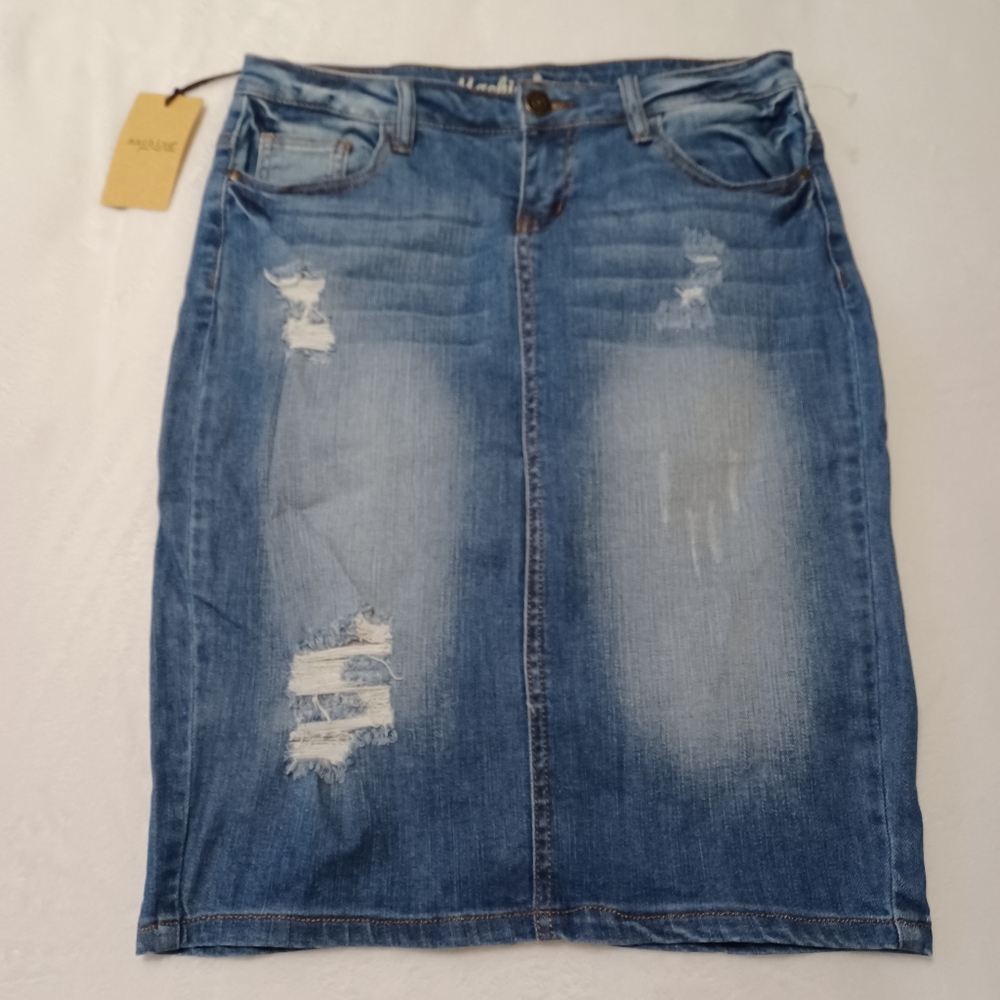 Denim Distressed Jean Skirt New